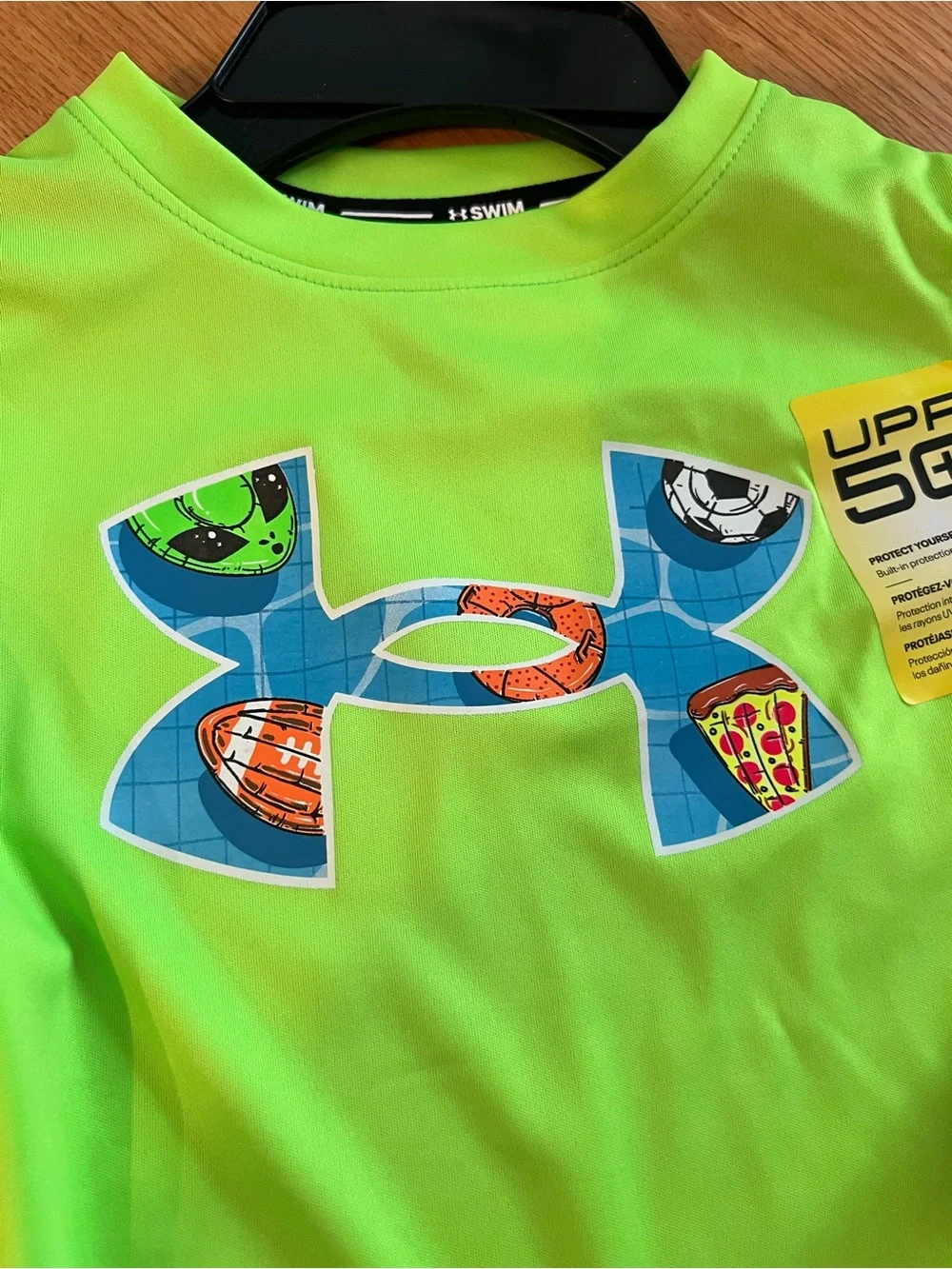 Under Armour UPF 50+ Lime Green Swim Shirt and Blue Patterned Swim Trunks Set